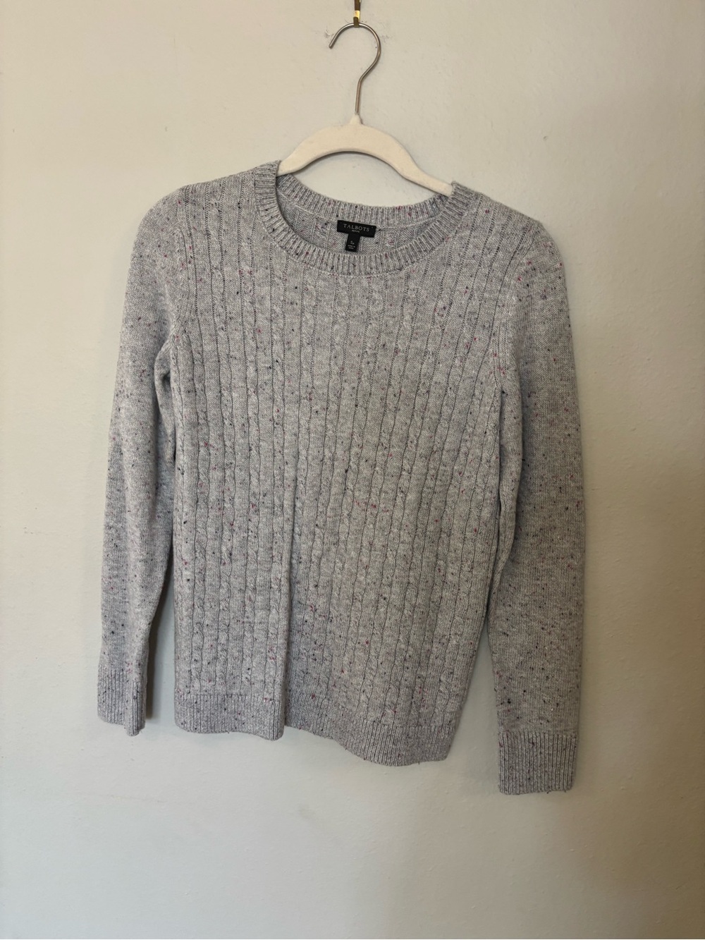 Talbots Light Gray Speckled Cable Crewneck Sweater